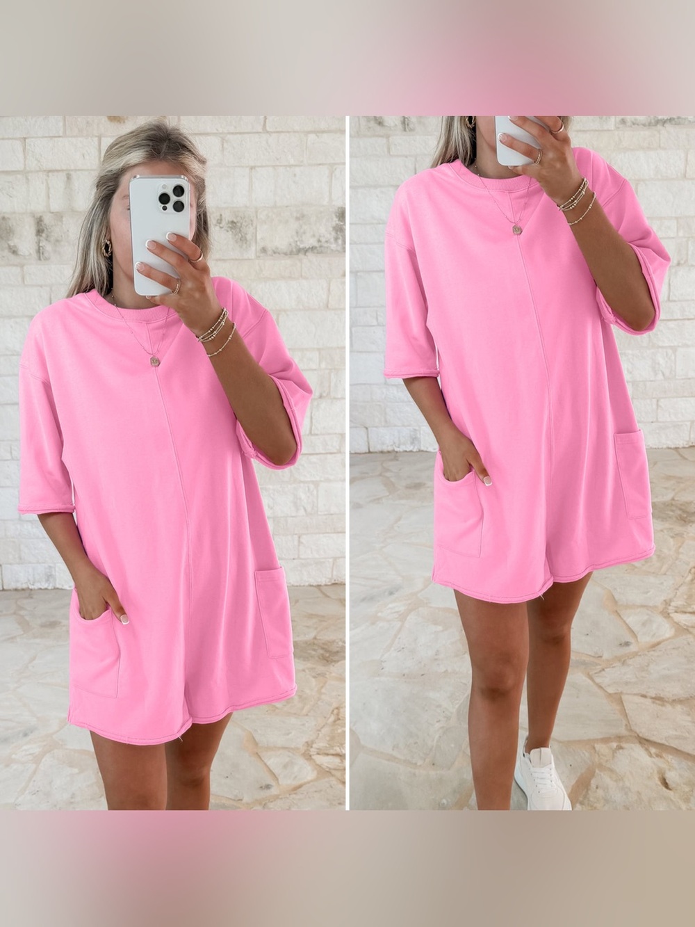 Pink Short Sleeve Romper with Pockets